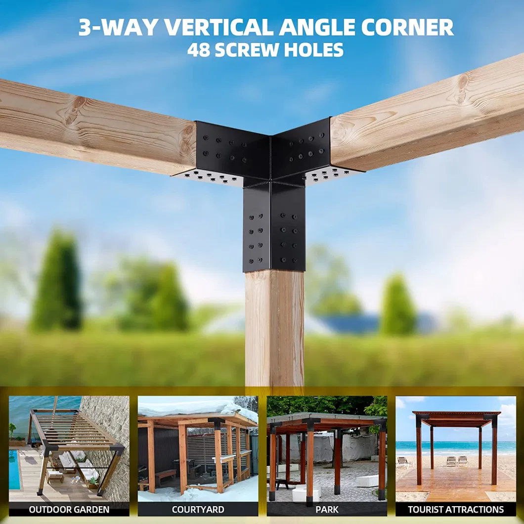 Custom OEM 3 Arm Black Pergola Corner Brace Hardware Pole Holder Bracket for 4X4′′ 6X6′′ Wood Posts